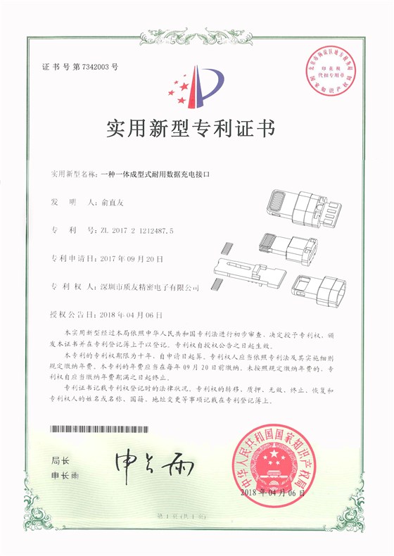 一种一体成型式耐用数据充电接口