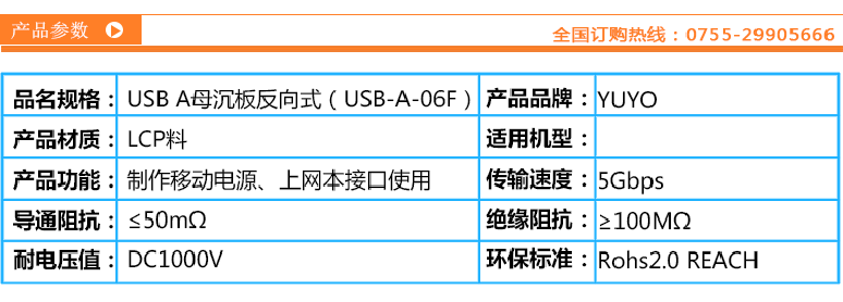 USB-A母沉板反向式（USB-A-06F）产品参数